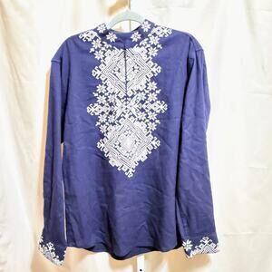 COOFANDY MensBlue Embroidered Boho Tunic Shirt Long Sleeve Cotton Resort Western